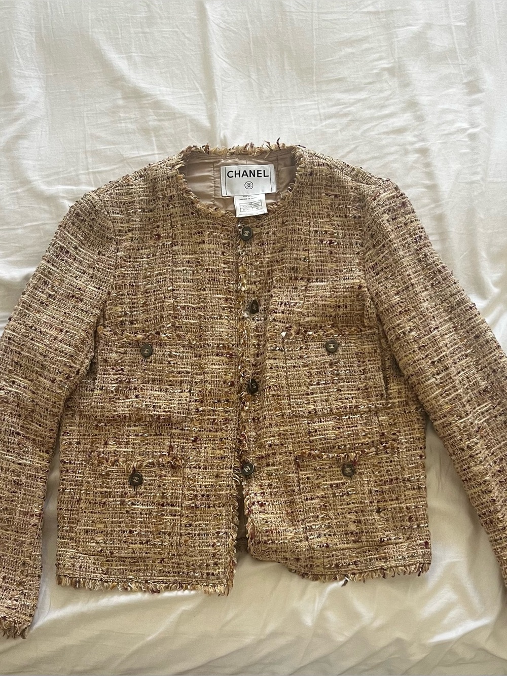 GUC VINTAGE CHANEL 06P Tweed Skirt Suit Set Jacket FR 40/ Skirt FR 38 Beige